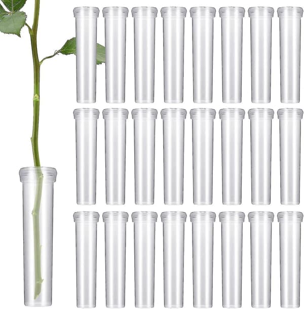 Förpackning med 100 blomrör, blomvattenrör med lock, återanvändbara och hållbara provrör för blommor, 2,8 tum, transparenta