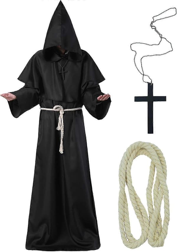 Middelalderlig kåbe til voksne, unisex, middelalderkappe, kappe, munk, præst, troldmand, tunika, 3 dele [BEMS] Black Large