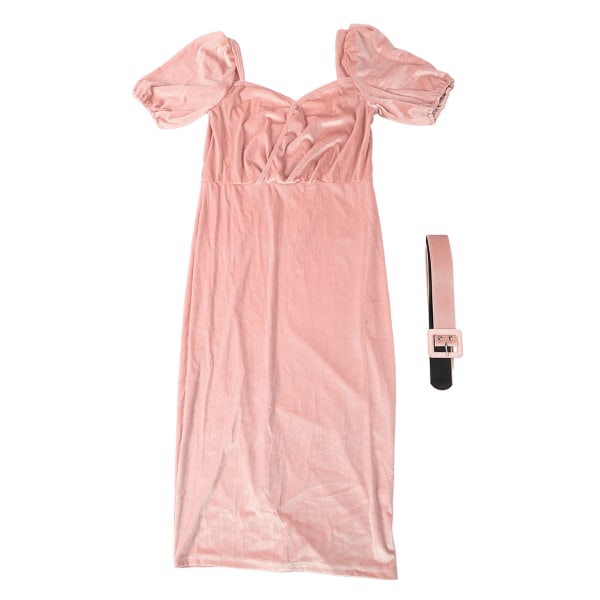 Kvinner Fløyelskjole Belte Midje Kort Puff Sleeve Bodycon Velvet Pencil Dress for Kvinne Rosa XL