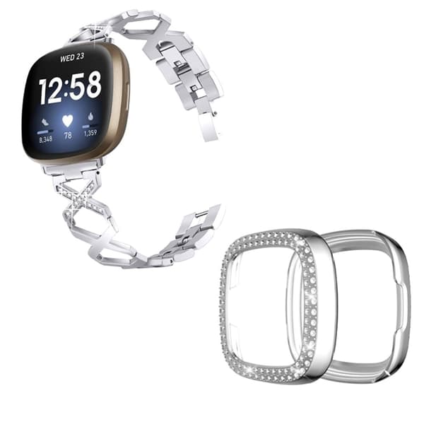 Fitbit Sense / Versa 3 X-format klockarmband med strassdekoration och silverfärgat lock - Sol[BEMS] Silver grey silver