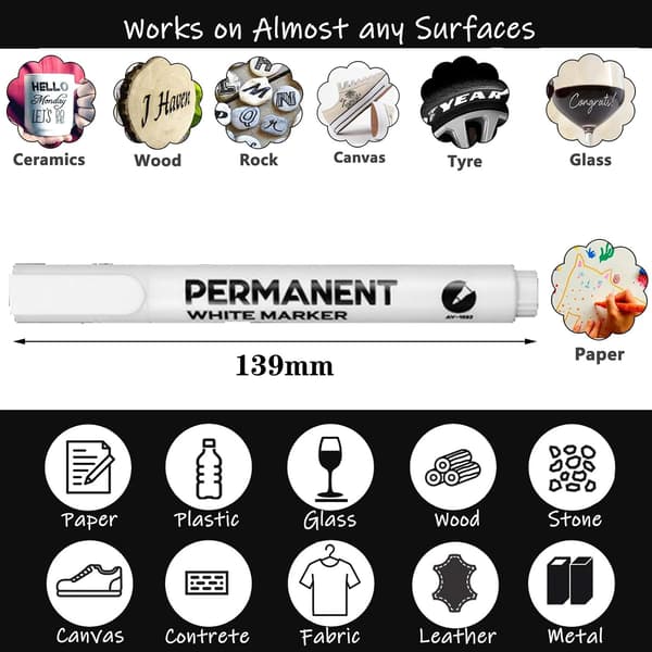 Vit tuschpenna, permanent vit tuschpenna, vattentät och snabbtorkande, linjebredd 2 mm, lämplig för sten, trä, glas, keramik, däck och textilier.