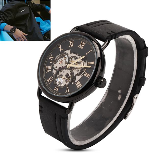 FORSINING Trendig Armbandsur Mekanisk Halvautomatisk Ur med Hål Mönster för Män (Svart Yta Svart Klocka)