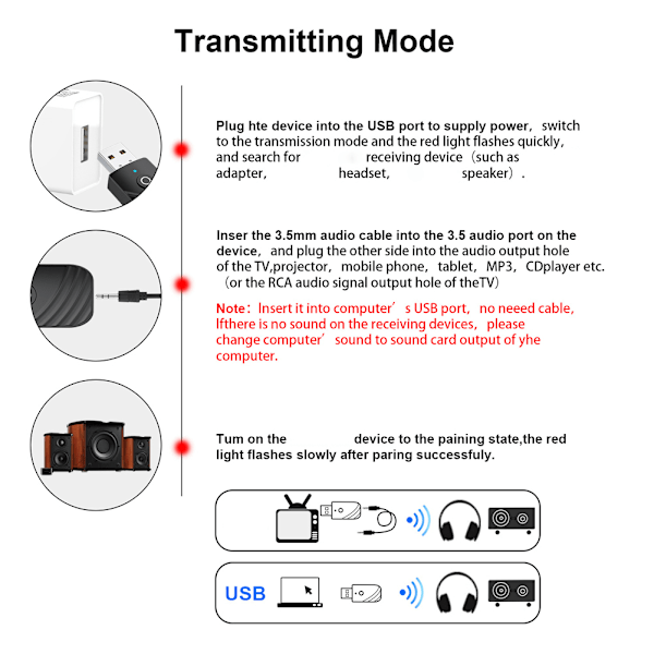 3-i-1 Sändare Mottagare Bluetooth 5.0 Mottagare Sändare Ljud Bluetooth-adapter