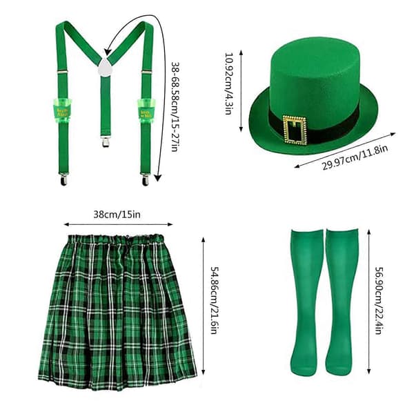 Saint Patrick's Day-kostymtillbehörsset med rutigt förkläde, pysslinghatt, gröna lårhöga strumpor för temafester[BEMS] Section 4