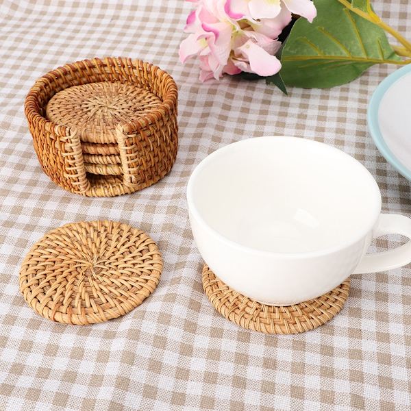 Vintage-tyyliset Rattan-alustat - 6 kpl setti, Pyöreät Teekuppi-alustat Juomille, Teekannun Eristysalusta, Koti Sisustus