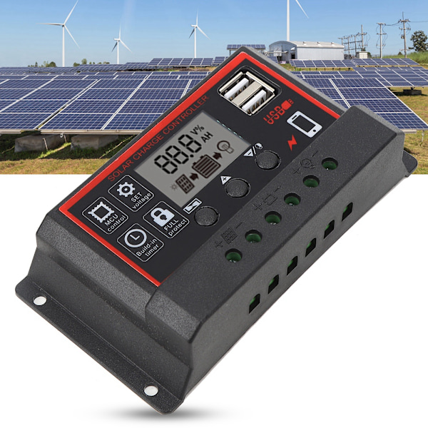 LCD Solcelleladningsregulator 5V /2.5A Dobbelt USB PWM Cellepanel Regulator Automatisk Identifikation 12V 24V30A