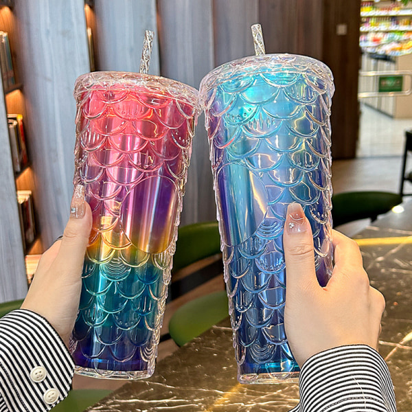 BE-2023 Color Laser Koi Straw Cup 701-800ml Gradient Green Pink