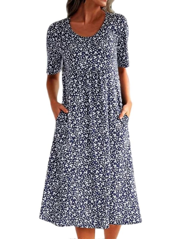 Lös blommig klänning för kvinnor - kortärmad midiklänning med sidofickor Dark Blue S