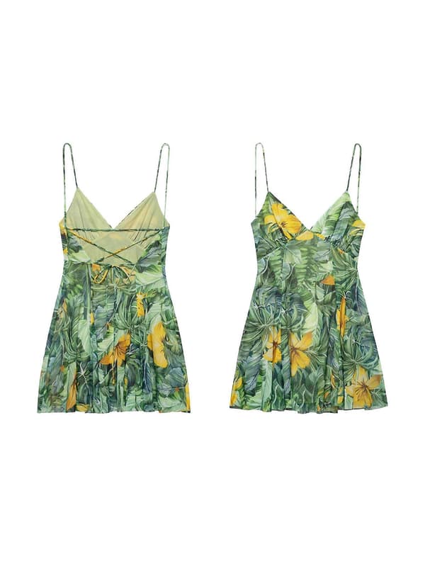 Damklänning med tryck - Rygglös underklänning med draperad detalj, korta festklänningar Grön M Green M