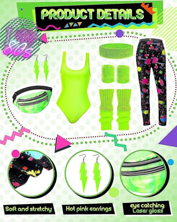 dele 80'er kostume, 80'er tilbehørssæt, 80'er-90'er kostumer, leggings, håndled, benlængder, øreringe, mavetaske Bright Neon XX-Large