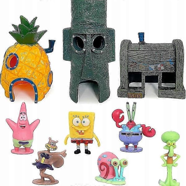 Set med Svampbob-husfigurer Stugor Dekoration-akvarium