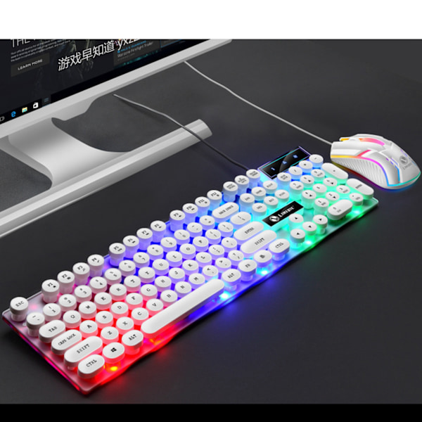 Tangentbords- och muskombination Punk Retro Tangenthattar USB-ansluten Färgglad Bakgrundsbelyst Slitstarkt ABS-tangentbord och mus för Gaming Laptop PC Vit Punk Set