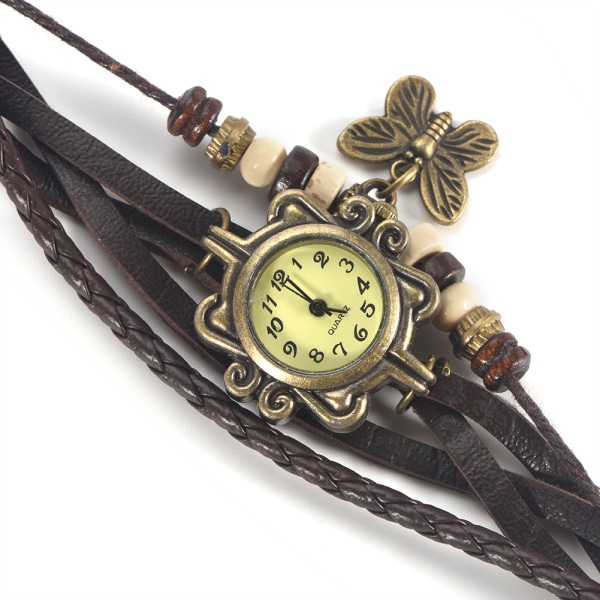 Braid Weave PU Armband Quartz Analog Watch Armbandsur med Butterfly Pendant (Kafferem)/