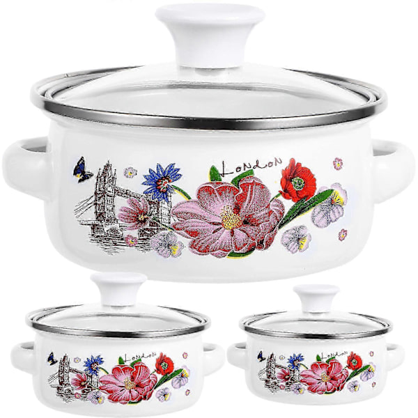 【BEMS】Enamel Cooking Pot Flower Enamel Cookware Pots Double Handle 3pcs