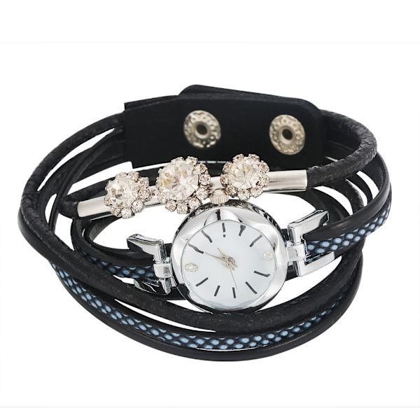Kvindes Rhinestone PU Rem Rundt Urværk Armbåndsur (Sort)