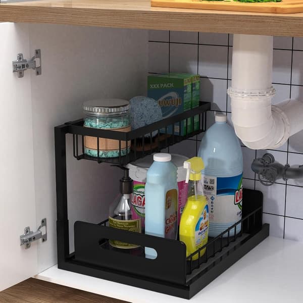 2-Tier Under Sink Organizer Heavy Duty Metal Pull Out Cabinet Shelf White Space Saving Bl Black 1 Pack