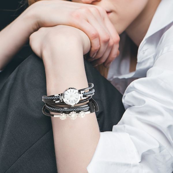Kvindes Rhinestone PU Rem Rundt Urværk Armbåndsur (Sort)