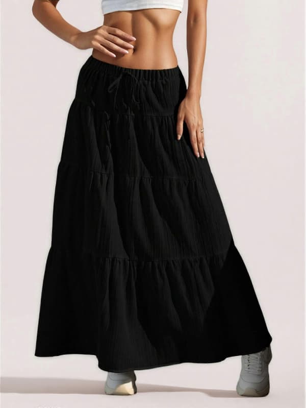 【BEMS】Kvinders Boho Flowy Maxi Nederdel Flared Ruffle Elastik Talje Sommer A-linje Forår Lange Nederdele Sort S Black S