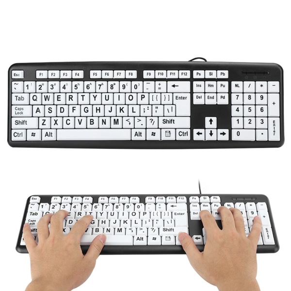 Sort Low Vision-tastatur USB-kablet Old People-tastatur med hvide taster med stort tryk Sort ++