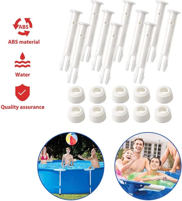 Pakke med 10 plastik pool samlestifter og gummipakninger – Erstatningsforbindelse til ramme- og Intex-pools (7 cm)