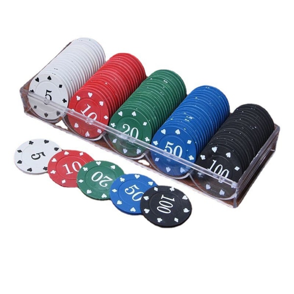 100 stk pokerchipsæt 5 værdier Klart tryk udsøgt spilchipmønt med opbevaringsboks til bordspil