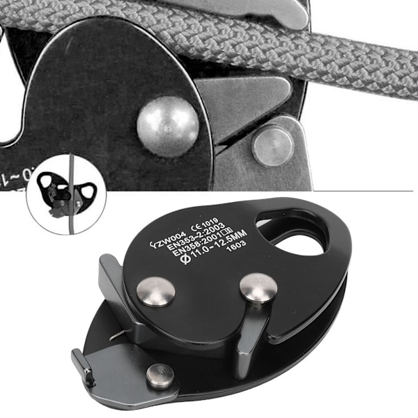 Självbromsande Stop Descender Clamp Grab Räddningsring Klättringsutrustning för 11-12,5 mm Rep (svart)