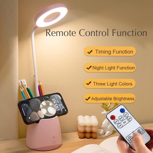 Sammenleggbar LED-bordlampe med pennholder, fjernkontroll og timerfunksjon Kompatibel med øyebeskyttelse Rosa Versión de control remoto