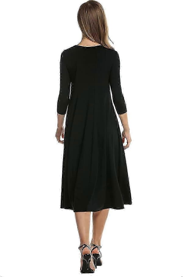 Damklänning med 3/4-ärmar och A-linjeform och utsvängd midiklänning_ms565d Black 4XL