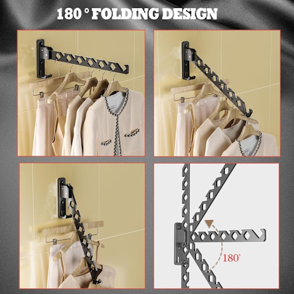 【BEMS】Wall Mounted Clothes Rack Black Drying Rack Clothes Hooks Aluminum Extendable - Black 2-Pack