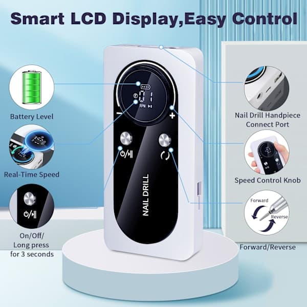 Fast and Efficient 45000 RPM Rechargeable Portable Electric Nail File White White