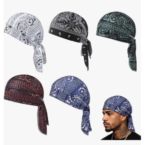 5-pack Paisley Durag Set för män omen - Elastisk turbanhatt Sporthuvudband Utomhus Biker Skull Cap