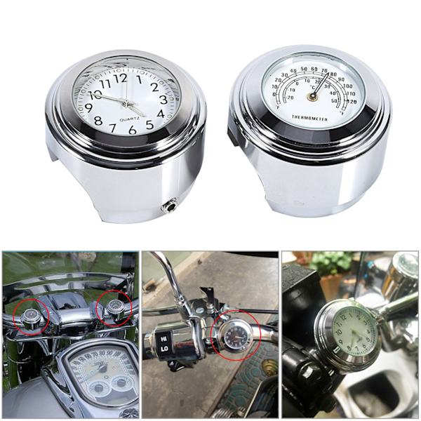 【BEMS】7/8\" 1\" Motorsykkel Styrefeste Klokke Termometer Temp Hvit
