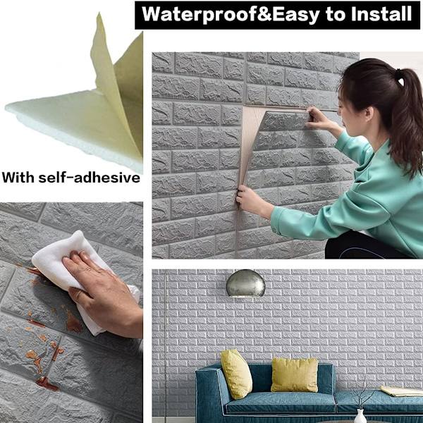 【BEMS】10 pcs 3D Brick Wall Stickers - Silver Grey - Height 38.5 cm * Width 35 cm * Thickness 3 mm
