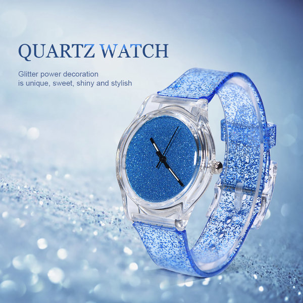 Kvartsarmbåndsur, rund plastrem, glitterpulverarmbåndsur (blå)/