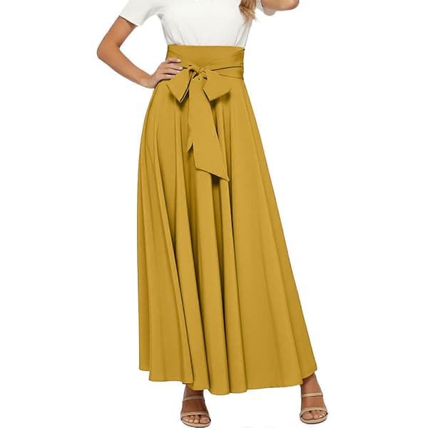 【BEMS】Dam hög midja plisserad maxikjol med rosett fram gul S Yellow S