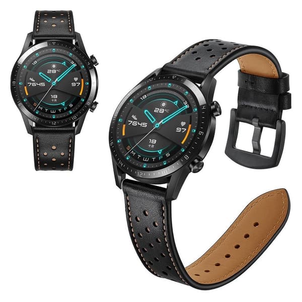 Huawei Watch GT 2 46mm Huldesign Ægte Læder Urrem - Sort Black black