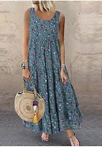 ZANZEA Dame Casual Blomstret Sommerkjole med O-hals og Ærmeløs navy S