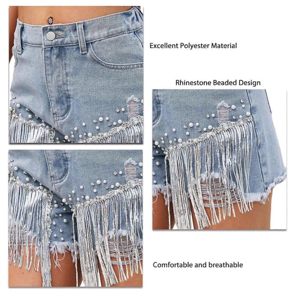 Dame Casual Shorts Polyester Komfortable Bløde Rhinestone Perlebesatte Flæseshorts Til Shopping Blå L