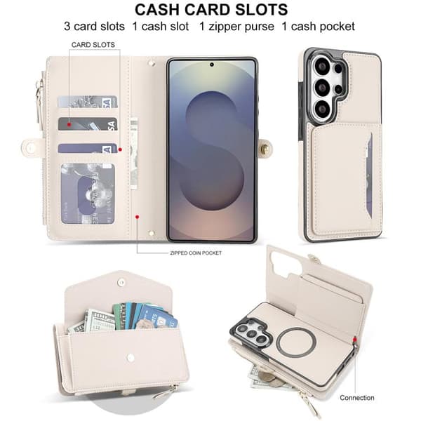 Kompatibel med Samsung Galaxy S26 Ultra 5G Case in Multifunctional Leather with Detachable Strap Vit