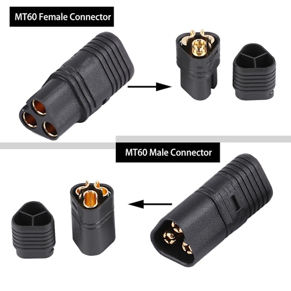 MT60-kontakt, tre-polet plugg, svart hann & hunn, ESC til motordel, RC-tilbehør