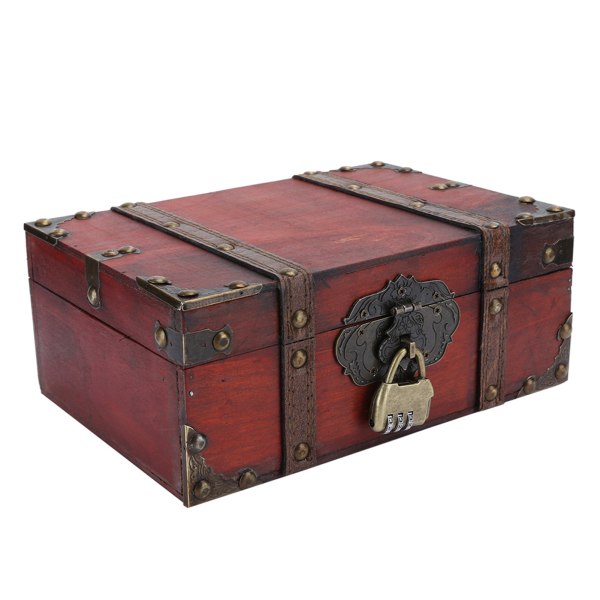 Vintage træopbevaringsboks, dekorativ skattekiste med lås til hjemmet (6282-2301GK10 Rouge Verrou)-+