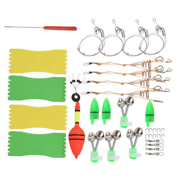 Kannettava kalastusvälineiden setti, siimakelat, vieheet, syötit, koukkukiristimen, pieni kello, kalastustarvikkeet