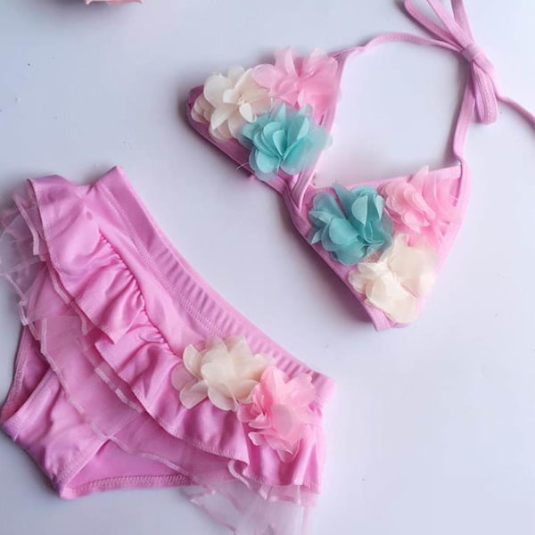 Barnbadkläder för flickor, 2-delad bikini för småbarn, blommönster, sommarstrandkläder, blommor, storlek S 9‑12,5 kg