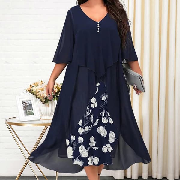 Lang kjole Halværmet Chiffon Patchwork V-hals Løs talje Swing Stor søm Elegant Blomstret Maxikjole til Kvinder til Efteråret-XinHan Black M