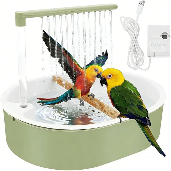 Bird bath, 32 x 26 cm, for parakeets, polypropylene, automatic rainter circulation, bird shower, with 26 ter outlets for green