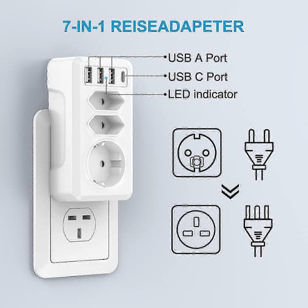 7-i-1 reseadapter med 3 USB och USB-C - Dubai Malaysia Irland kontaktadapter (typ G)