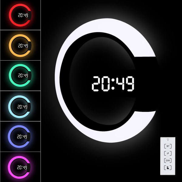 LED digital veggklokke med fjernkontroll, temperatur, 3 lysstyrkenivåer, 7-farget RGB-lys, alarm og snooze, 12' hul speilklokke