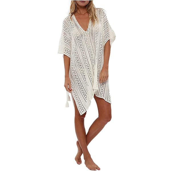 Baddräkt för kvinnor, virkad klänning för strandpool (beige M)