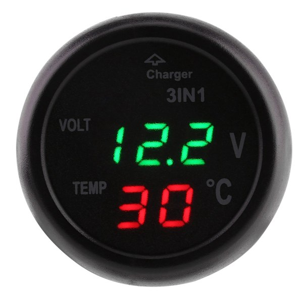 Dobbel LED Digital Display Voltmeter Termometer Sigarettenner USB Billader (grønn, rød)