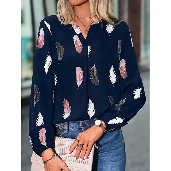 Fritids V-hals langærmet skjorte Sommerbluser Dame Løs Langærmet Polyesterskjorte Dame Pendlerbluser Soltæt Sort 4XL Black 4XL